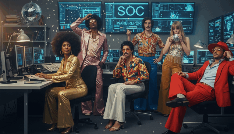The 1970s represented by a whisk image as the time of disco and the Ware Report influencing security operations